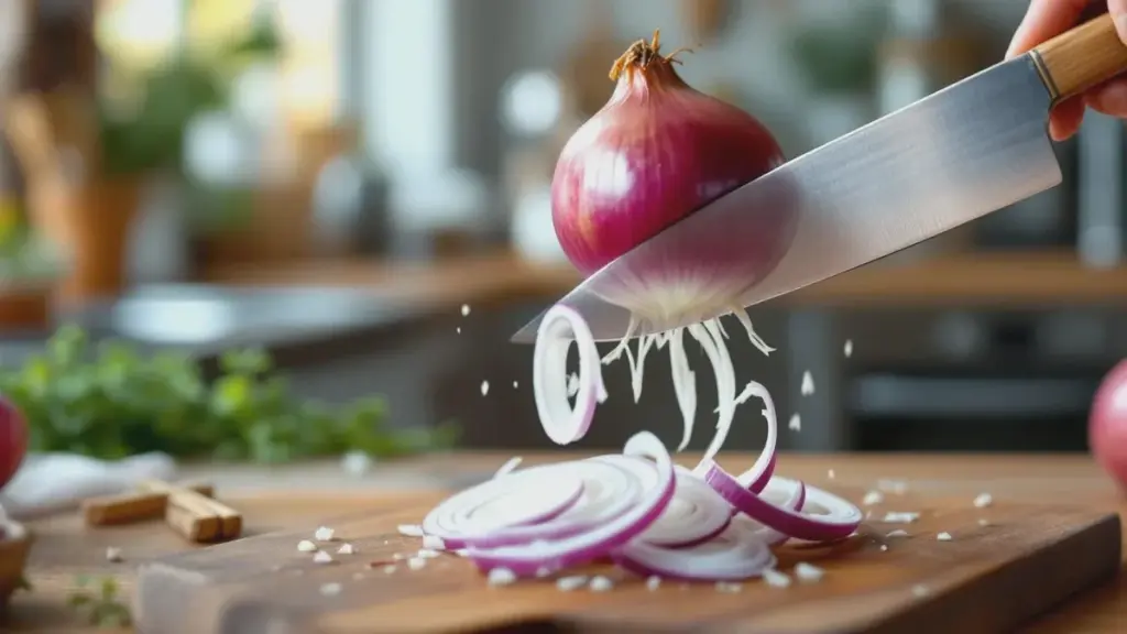 Keukentruuk: Leg een ui op houten stokjes en snijd hem perfect voor feestjes
